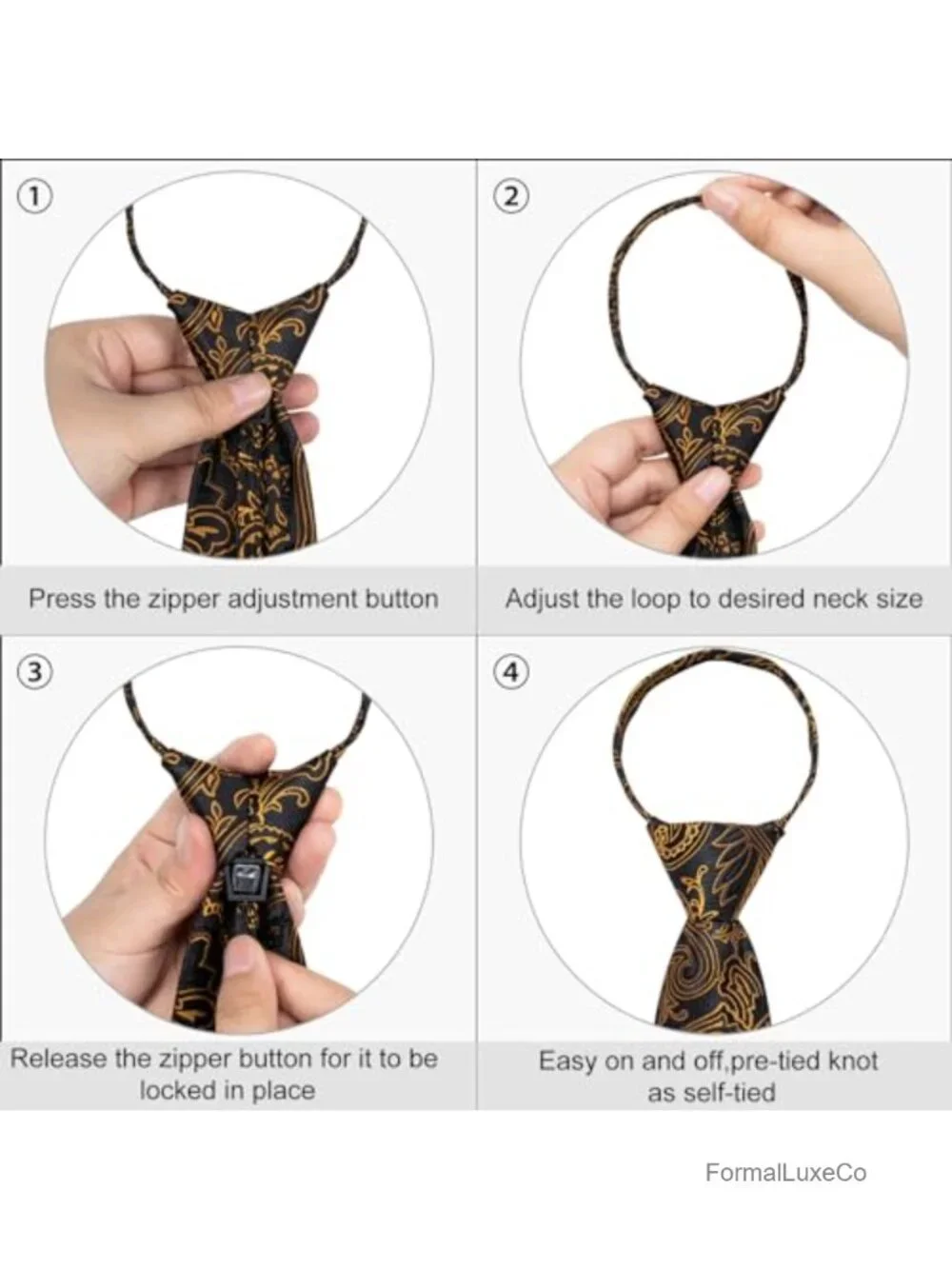 Silk Pre-tied Zipper Tie Set with Pocket Square and Cufflinks Adjustable Formal